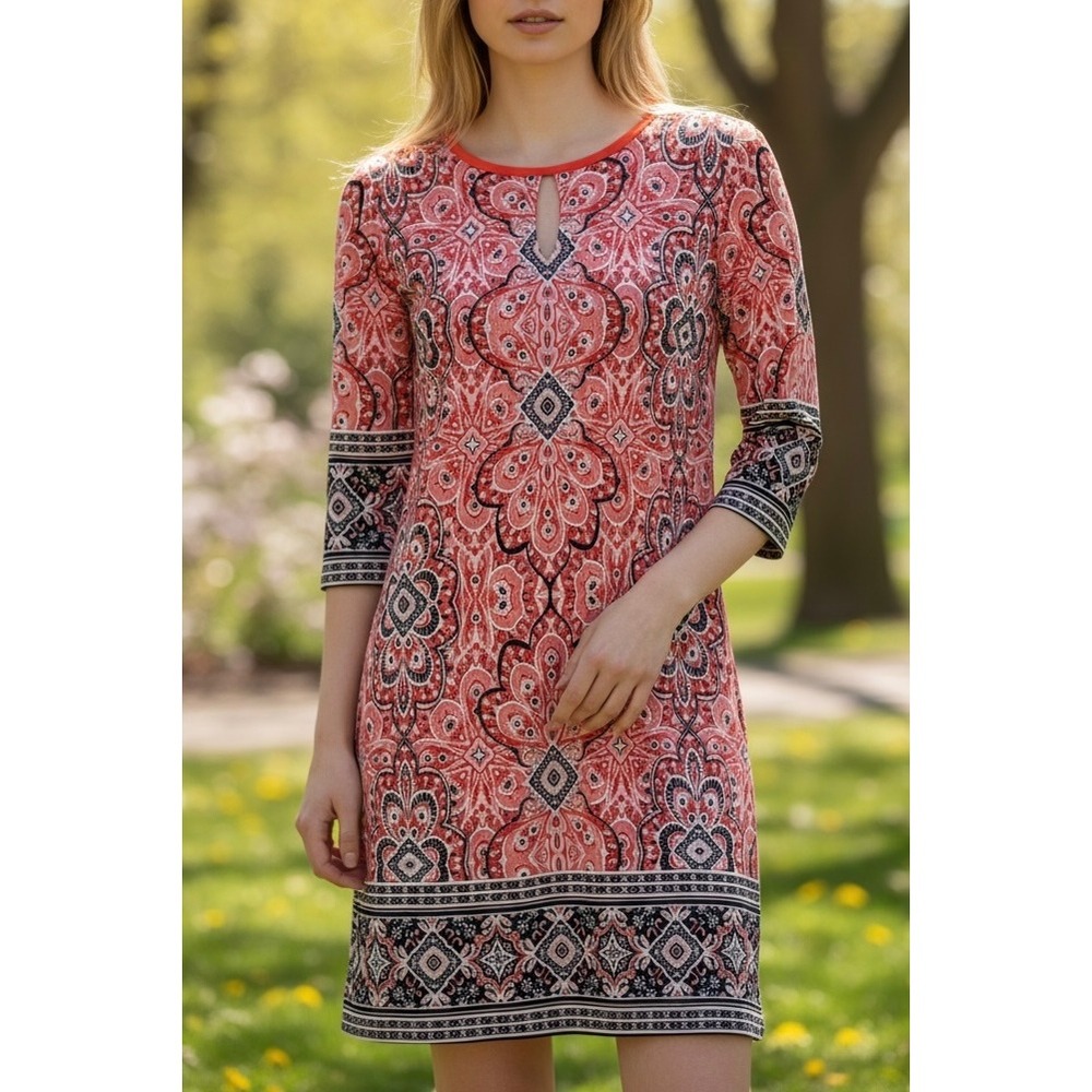 Coral Navy Paisley Medallion Keyhole Shift Dress XL 3/4 Sleeve Office Business
